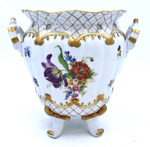 Hand Painted Heirloom Double Handled Pot: 8.25 inches tall by 8.25 inches wide, marked on bottom, no damage, see photos.