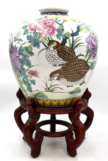 Large Hand Painted Floor Vase w/ Stand: 20 inches tall by 13.5 inches wide, marked on bottom, no damage, see photos.