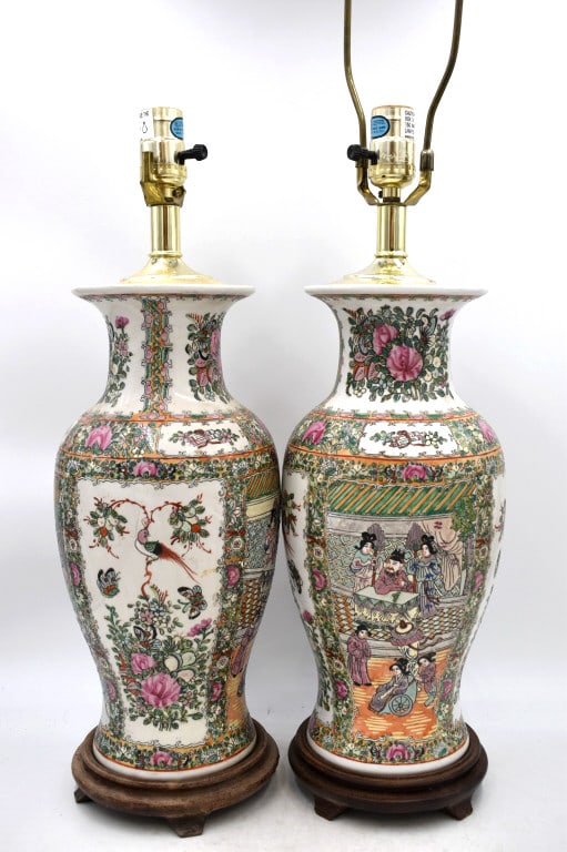 Pair of Rose Medallion Lamps: 29 inches tall by 6.5 inches wide, sticker on bottom, one lamp is missing shade holder, no damage, see photos.