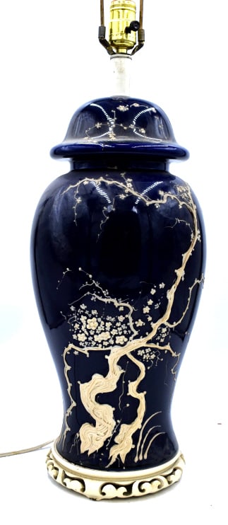 Cobalt Blue Lamp: 30 inches tall by 8 inches wide, unmarked, as is lamp, big cracks down sides, see photos.