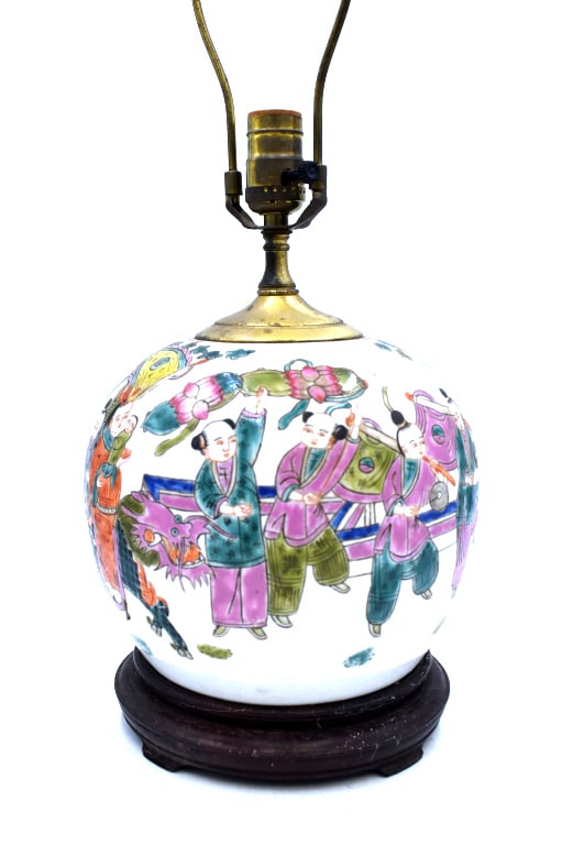 Famille Rose Medallion Lamp: 23.5 inches tall by 9 inches wide, unmarked, crack around side of lamp, see photos.