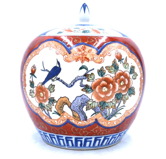 Hand Painted Japanese Imari Lidded Jar: 10 inches tall by 8.5 inches wide, unmarked, no damage, see photos.