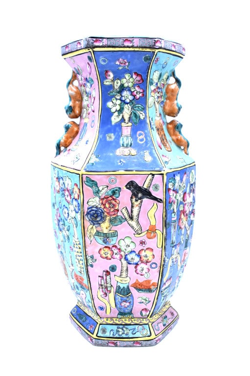 Hand Painted Oriental Vase: 16 inches tall by 8 inches wide, marked on bottom, no damage, see photos.