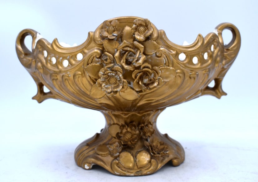 Gold Painted Porcelain Centerpiece Bowl: 7.5 inches tall by 11.75 inches wide, marked on bottom, no damage, see photos.