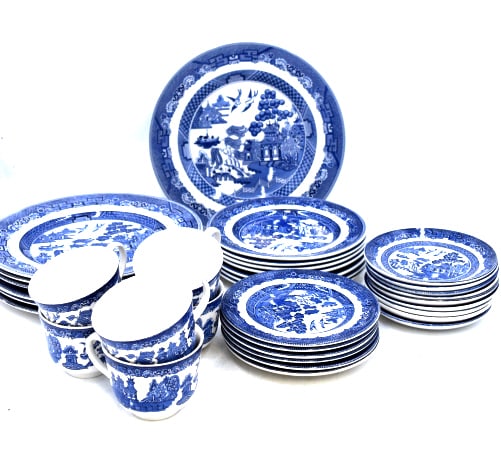 John Brothers China Set: China set includes 1 large plate measuring in at .75 inches tall and 11 inches wide, 6 regular plates measuring in at 1 inch tall and 10.25 inches wide, 7 medium plates measuring in at .75 inches