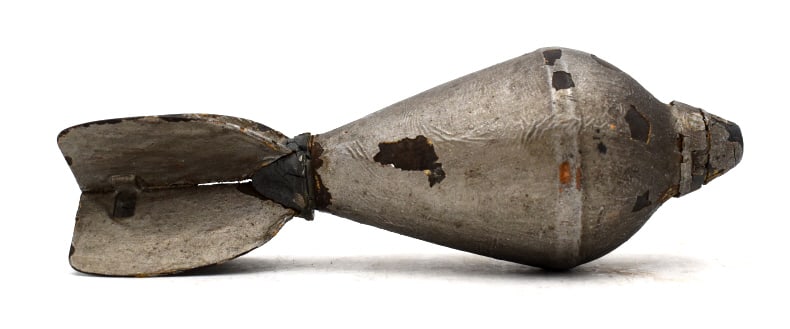 WW1 Pneumatic French Mortar Type A: 7 inches tall by 2.5 inches wide, paint chips, see photos.