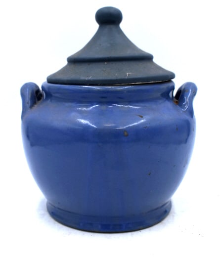 Blue Glazed Double Handled Stoneware Pot: 10 inches tall by 8 inches wide, stamped on bottom, no damage, see photos.