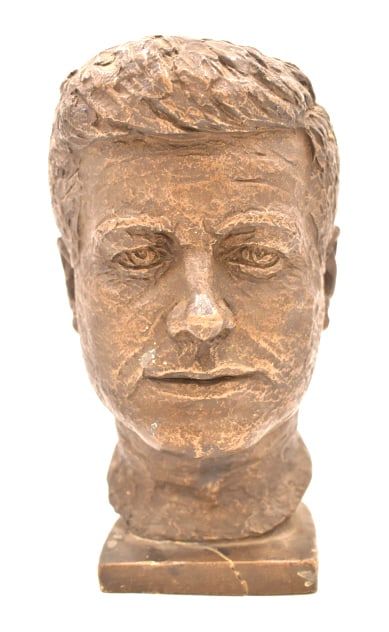 JFK Bust Plaster: 9.5 inches tall by 6 inches wide, unmarked, small chips on top, see photos.