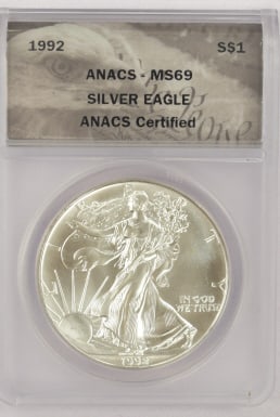 1992 American Silver Eagle Coin: Graded MS69 American silver eagle coin, S$1 ANACS certified, see photos.