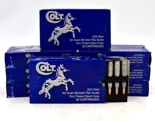8 Boxes of Colt .223 Remington Ammunition: 8 full boxes of new .223 Remington Ammunition from Colt, 20 rounds per box, 62 Grain Bimetal FMJ Bullets, please see photos.
