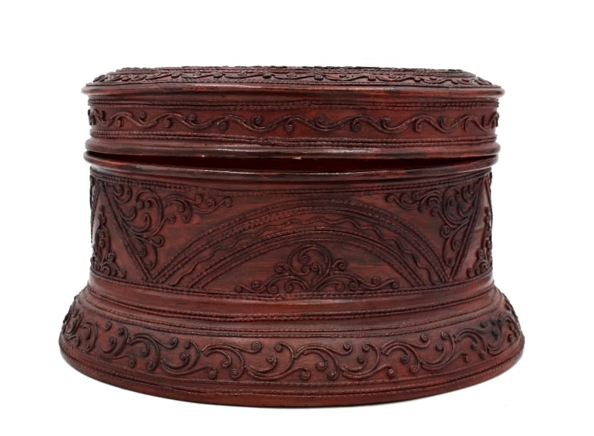 Asian Carved Jewelry Box: 11 inches wide by 6.5 inches tall, unmarked, typical wear on inside, no damage to outside, please see photos.