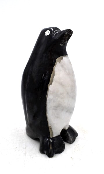Stone Carved and Hand Painted Penguin: 4.5 inches tall and 2.5 inches wide, unmarked, slight damage to beak, please see photos