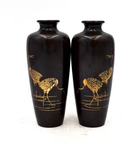 Asian Pair of Bronze Reciprocating Bird Vases: 6 inches tall by 2.5 inches wide, no damage but natural wear, no markings, metal inlay birds on bronze vase, please see photos.