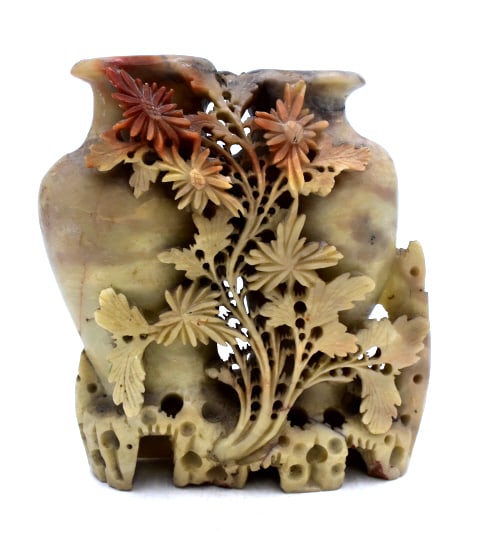 Soapstone Asian Hand-Carved Double Vase: 7 inches tall by 6 inches wide, repaired crack on base, hand carved, unmarked, please see photos.