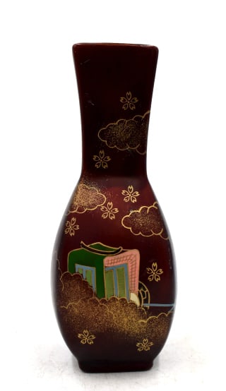Japanese Lacquerware Vase: 5.75 inches tall by 2.5 inches wide, minimal wear, marked on bottom, please see photos