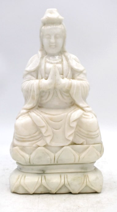 Hand Carved Stone Guanyin Statue: 12 inches tall by 6 inches wide, no damage, natural patina, unmarked, please see photos.