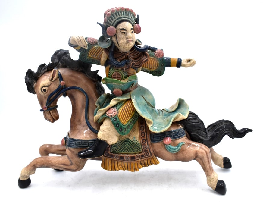 Ceramic Asian Deity Roof Charm: 13 inches long by 10 inches tall, regular outdoor wear, no significant damage, unmarked, please see photos.