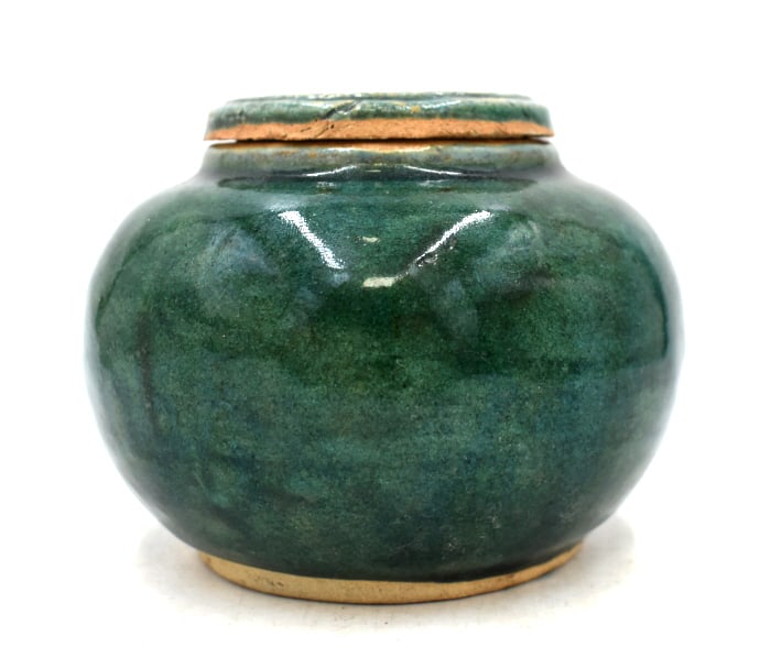 Chinese Green Glazed Ginger Jar: 5 inches wide by 4 inches tall, natural wear from use, marked on bottom, please see photos.