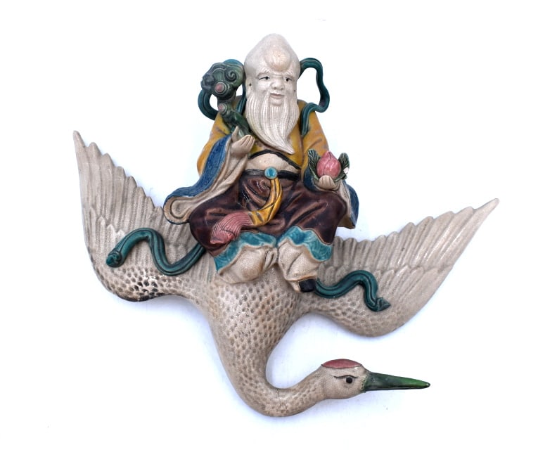 Chinese Deity Roof Hanging Statue: 12.5 inches long by 9.75 inches tall, regular outdoor wear, unmarked, missing hanging loop, please see photos.