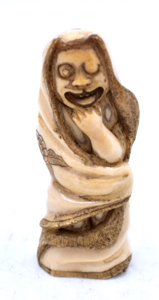 Japanese Signed Hooded Netsuke: 2.5 inches tall by 1 inch wide, no damage, signed on bottom, please see photos.