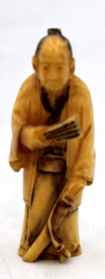 Japanese Man w/ Fam Netsuke: 2.25 inches tall by .75 inches wide, no damage, unmarked, please see photos.