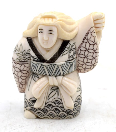 Japanese?s Waving Netsuke Marked: 2.5 inches tall by 2 inches wide, marked and numbered (#16) on bottom, no damage, see photos.