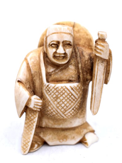 Japanese Warrior Signed Netsuke: 2 inches tall by 1.5 inches wide, marked on bottom, no damage, see photos.