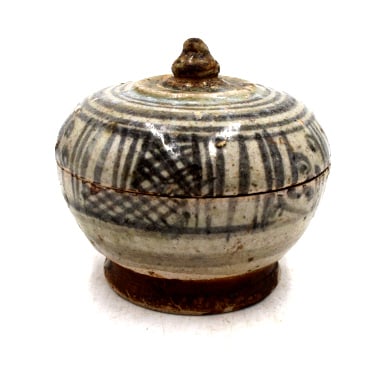 Thai Stoneware Container: 3.5 inches tall by 3.5 inches wide, labeled cp16 on bottom, regular patina, please see photos.