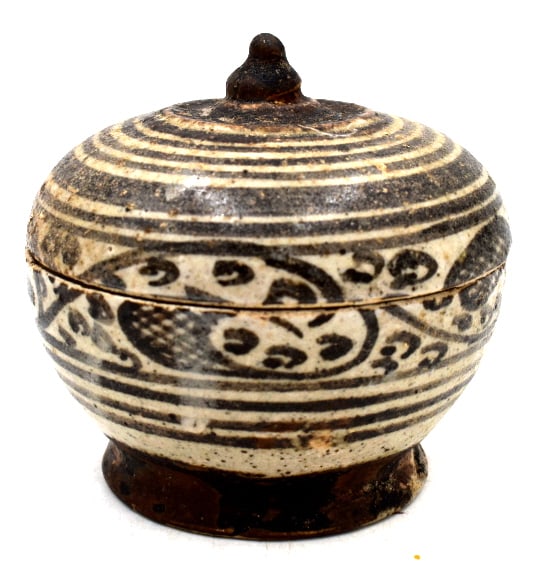 Thai Stoneware Container: 4 inches tall by 4 inches wide, labeled cp14 on bottom, regular patina, please see photos.