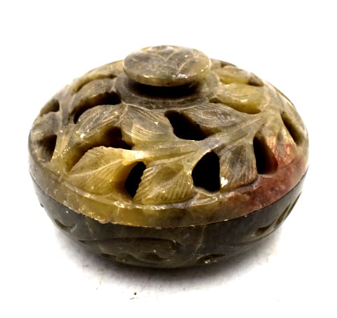 Asian Carved Soapstone Box: 3 inches wide by 2 inches tall, sticker on bottom, no damage, please see photos.