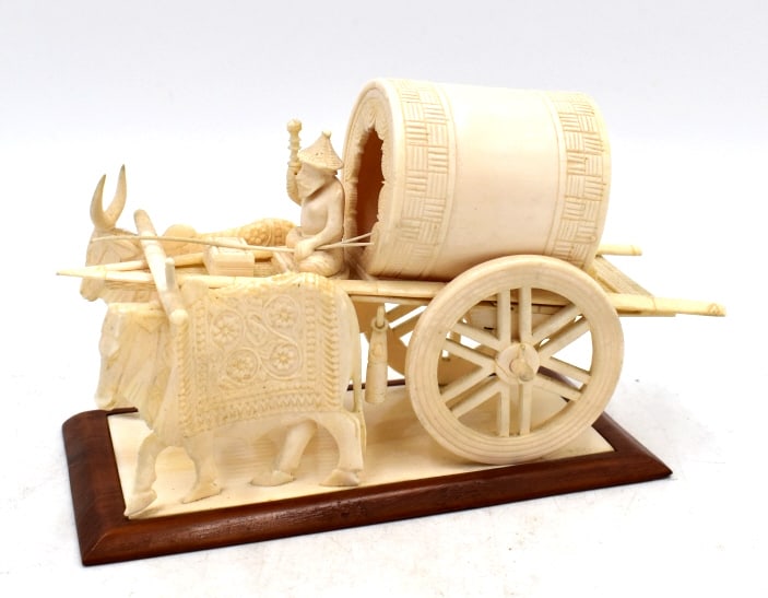 Chinese Carved Ox Cart: 7 inches long by 4.5 inches tall, unmarked, no damage, see photos.