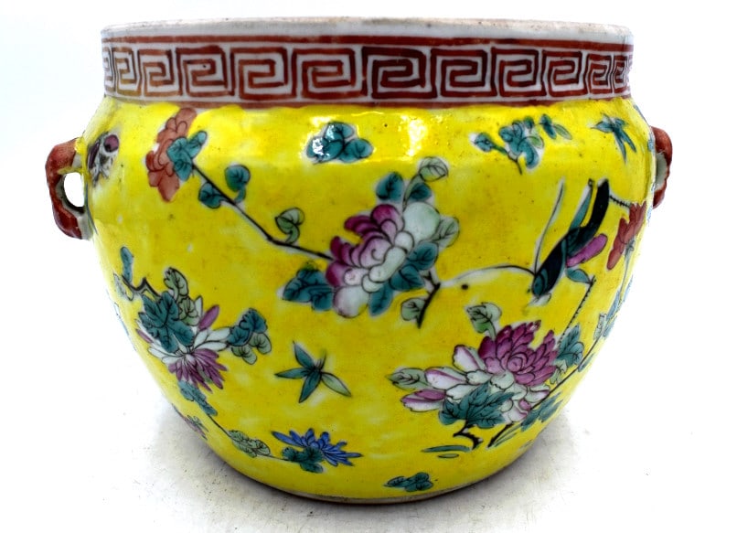 Yellow Hand-Painted Asian Pot: 8 inches wide by 6.25 inches tall, no damage, marked on inner rim, see photos.