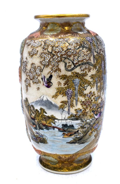 Japanese Satsuma Vase: 8.5 inches tall by 4.5 inches wide, no damage, stamped on bottom, please see photos.