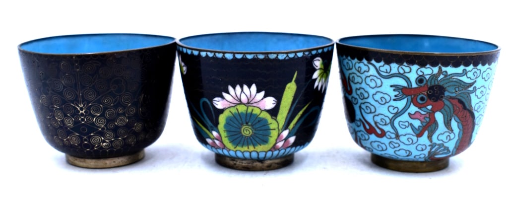 Chinese Cloisonn? Tea Cups: Each is 2 inches tall by 2.5 inches wide, no damage, in marked, 3 cup set, please see photos.