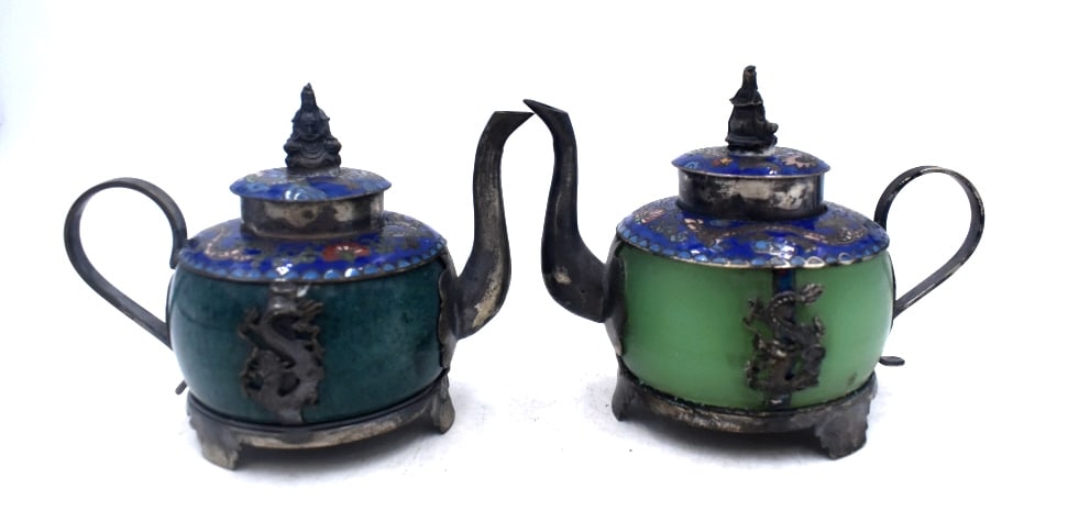 Pair of Jade Tea Pots: Each is 5 inches wide by 4 inches tall, no damage, stamped on bottom, please see photos.