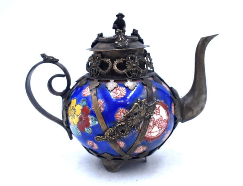 Asian Hand-Painted Tea Pot: 5 inches wide by 4 inches tall, no damage, stamped on bottom, please see photos.