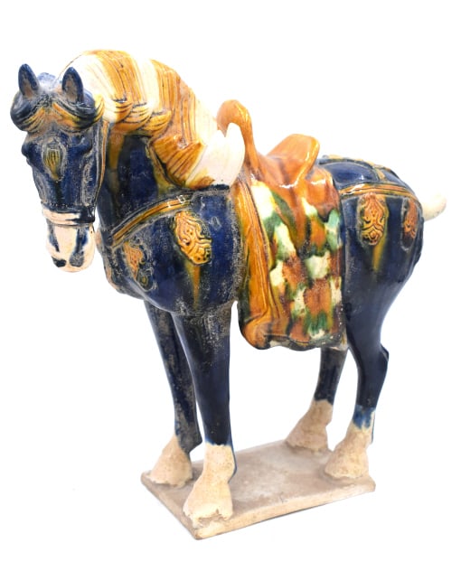 Chinese Pottery Glazed Horse: 14.25 inches tall by 16 inches long, no damage, unmarked, please see photos.