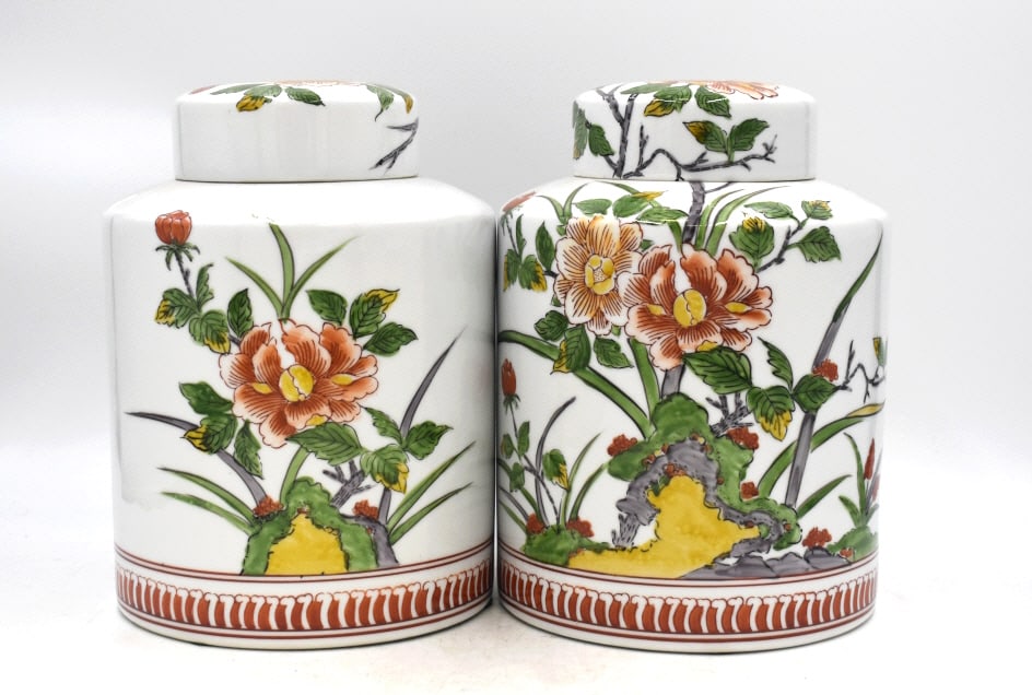 Pair of Hand-Painted Asian Flower Jars: 10.25 inches tall by 7 inches wide, marked on bottoms, no damage, please see photos.
