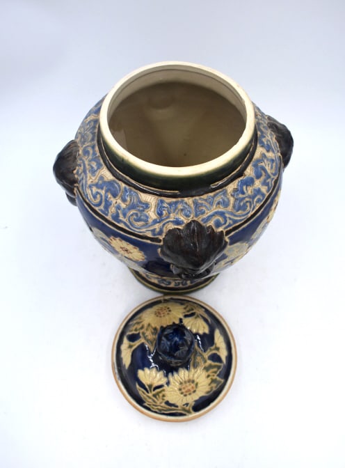 Asian Blue Flower jar: 15.5 inches tall by 9 inches wide, regular wear on base, marked on bottom, please see photos.