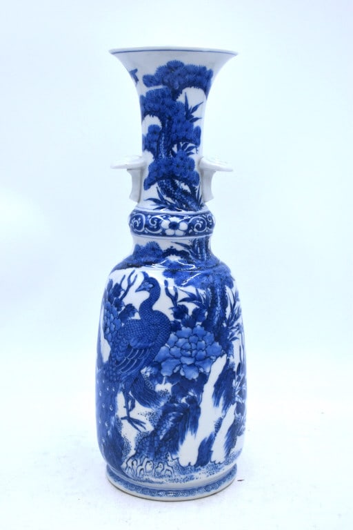 Tall Blue and White Vase: 15.5 inches tall by 5.5 inches wide, no damage, unmarked, see photos.
