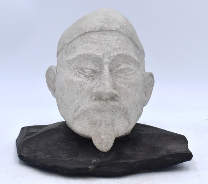 Carved Head Asian Sculpture w/ Rock Base: 9.5 inches wide by 8.5 inches tall, no damage, unmarked, please see photos.
