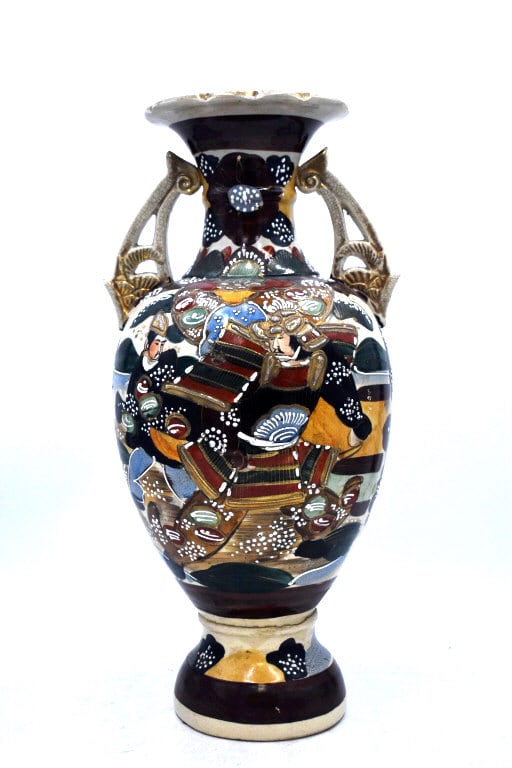 Large Asian Moriage Vase: 17.75 inches tall by 8.25 inches wide, signed on bottom, no damage, please see photos