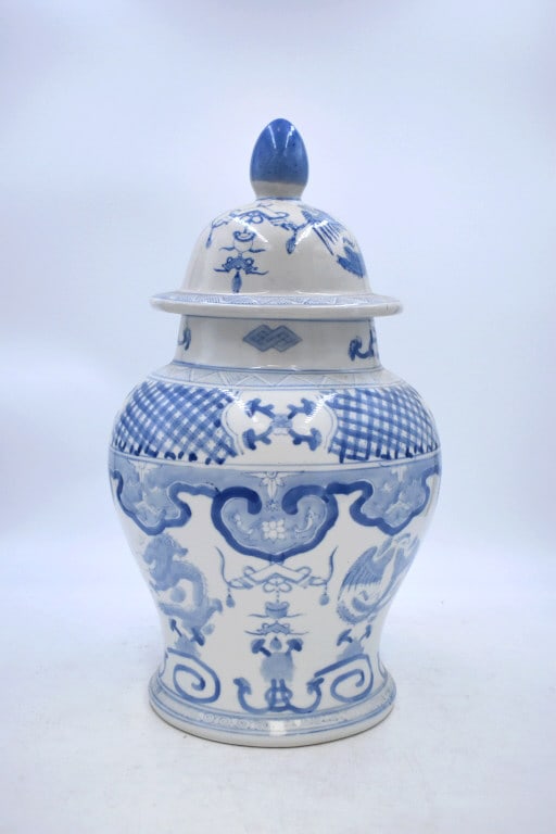 Decorative Asian Lidded Ginger Jar: 17 inches tall by 9.5 inches wide, no damage, stamped on bottom please see photos.