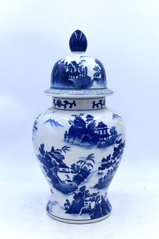 Decorative Lidded Ginger Jar: 16 inches tall by 8 inches wide, no damage, marked and number on bottom #59, please see photos.