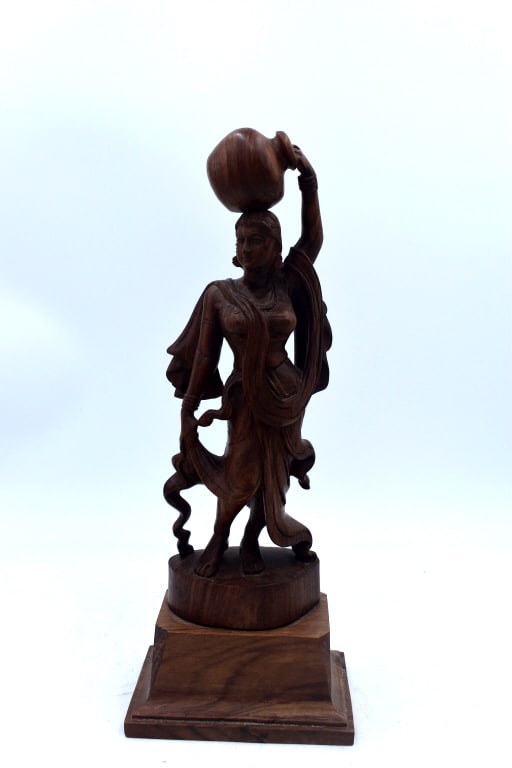 Carved Asian Wooden Statue: 16 inches tall by 5.5 inches wide, no damage, unmarked, please see photos.