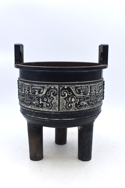 Cast Iron Asian Bowl: 10 inches tall by 8.5 inches wide, regular use wear, no structural damage, unmarked, please see photos.