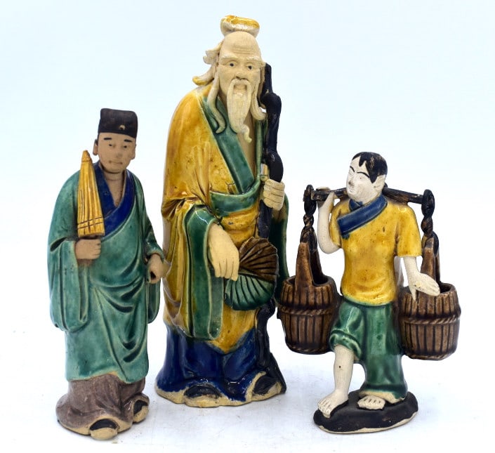 Set of Asian Villager Statues: Largest is 7.75 inches tall by 3 inches wide, no damage, all stamped on bottom, please see photos.