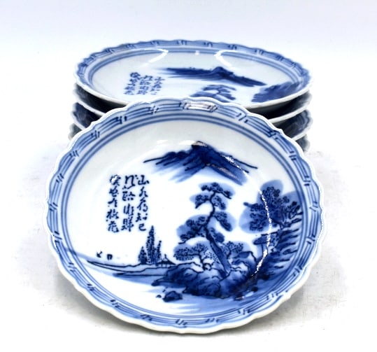 Blue and White Asian 6 Bowl Set: 6 inches wide by 1.5 inches tall, no damage, unmarked, please see photos.