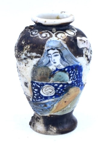 Small Asian Stoneware Vase: 5 inches tall by 3 inches wide, no damage, faded marking on bottom, please see photos.