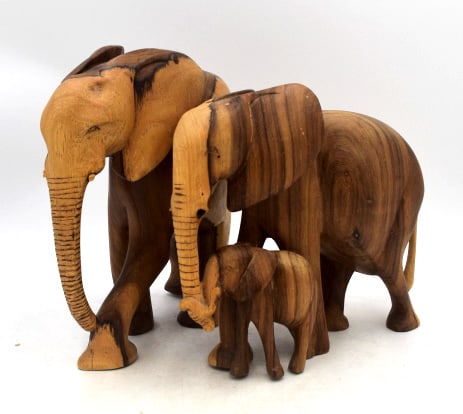Pair of Carved Wooden Elephant Sculptures: Bigger on is 10.5 inches tall by 9.5 inches long, no damage, both unmarked, see photos.